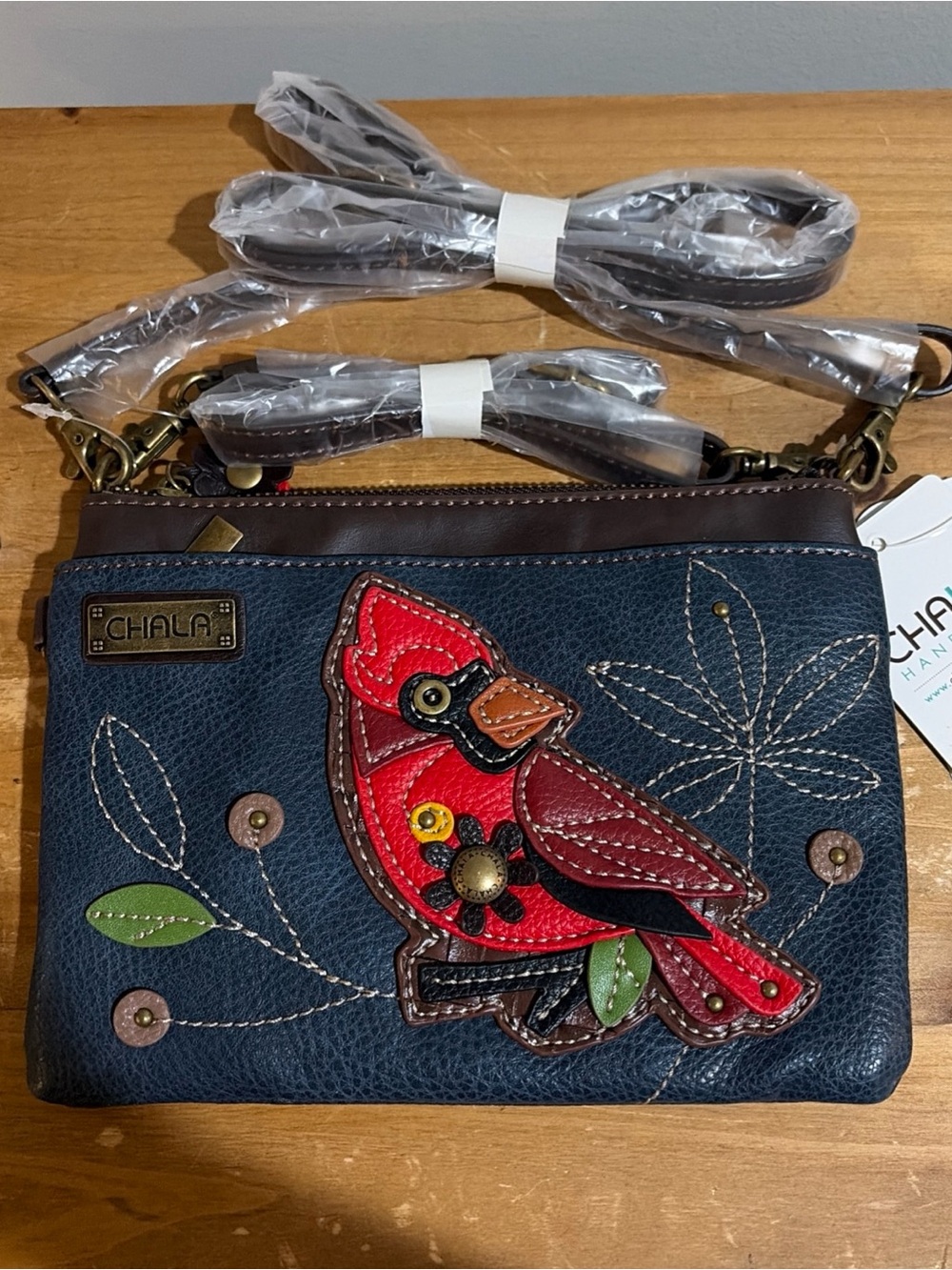 Chala Blue and Red Crossbody Bag with Cardinal Embroidery NWT